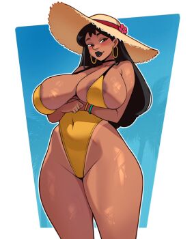 1girl alternate_breast_size_(larger) alternate_costume areola_slip arms_under_breasts black_hair black_lips blush bracelet breasts brown_eyes cleavage covered_navel curvy dark_nipples earrings hat highleg highleg_one-piece_swimsuit highres hoop_earrings huge_breasts jakuson_z jewelry lilo_&amp;_stitch long_hair looking_at_viewer nani_pelekai nipples one-piece_swimsuit shiny_clothes shiny_skin solo standing sun_hat swimsuit thong_one-piece_swimsuit wide_hips yellow_one-piece_swimsuit