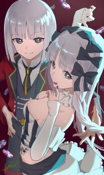 1boy 1girl absurdres arm_up bare_shoulders black_bow black_eyes black_shorts black_vest bow braid breasts cleavage closed_mouth collar colored_inner_hair commentary_request detached_sleeves dress dual_persona fate/strange_fake fate_(series) francesca_prelati_(fate) francois_prelati_(fate) frilled_collar frills grey_hair hair_bow highres jacket long_hair long_sleeves looking_at_viewer medium_breasts multicolored_hair necktie open_mouth parted_bangs red_jacket ringed_eyes shafurakafusha short_hair shorts sidelocks smile stomach_mouth striped_clothes striped_dress teeth very_long_hair vest white_dress