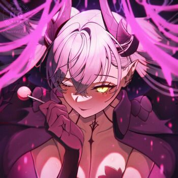 1girl absurdres black_cloak black_hands blush body_markings breasts candy choker cloak colored_extremities commentary_request crossed_bangs demon_girl demon_horns demon_wings ear_piercing fate/grand_order fate_(series) food glowing glowing_eyes grey_hair hair_between_eyes highres horns lilith_(fate) lilith_(second_ascension)_(fate) lollipop long_hair looking_at_viewer medium_breasts mutai4649 one_eye_closed piercing pointy_ears smile solo tongue tongue_out twintails very_long_hair wings yellow_eyes