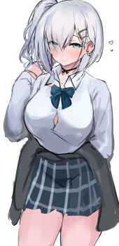 1girl alternate_costume alternate_hairstyle black_choker blue_bow blue_bowtie blue_eyes blush bow bowtie breasts button_gap choker closed_mouth collared_shirt commentary_request flying_sweatdrops hair_between_eyes hair_ornament hair_over_one_eye hairclip hamakaze_(kancolle) highres jacket kantai_collection large_breasts looking_at_viewer off_shoulder plaid_clothes plaid_skirt shirt side_ponytail simple_background skirt sleeves_past_wrists solo tsuzuri_(itosousou) white_background white_shirt