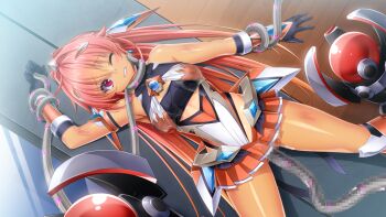 1girl bodysuit breasts bruise censored chest_jewel clenched_teeth dutch_angle exs-tia_sol game_cg gloves headgear injury kamitsurugi_ouka kouyoku_senki_exs-tia_concert large_breasts large_variant_set leotard long_hair looking_at_viewer magical_girl mosaic_censoring non-web_source object_insertion official_art one_eye_closed oosumi_kanon orange_skirt pink_eyes pink_hair red_eyes restrained skirt solo tan teeth tentacles torn_clothes variant_set wince