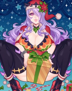 1girl artist_name ass_press bracelet breasts camilla_(fire_emblem) candy candy_cane choker christmas cleavage fire_emblem fire_emblem_fates flower food hat high_heels holly jewelry large_breasts long_hair looking_at_viewer nintendo poinsettia purple_eyes purple_hair santa_hat simple_background sitting solo spread_legs thighhighs wavy_hair zoe_stanley