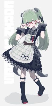 Rule 34 | 1girl, absurdres, apron, belt, black boots, black dress, boots, bow, brown belt, closed mouth, commentary, corin wickes, cross-laced slit, dress, frilled dress, frills, full body, glasses, green hair, grey hair, hair between eyes, hair ribbon, hands up, highres, lace-up boots, long hair, looking at viewer, maid, maid apron, maid headdress, metal wrist cuffs, papaia (quentingqoo), purple eyes, red-framed eyewear, ribbon, short sleeves, simple background, solo, standing, twintails, wallet chain, white apron, zenless zone zero