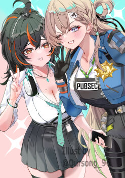 2girls ahoge artist_name black_gloves black_hair blonde_hair blue_jacket blush bracelet braid breasts cleavage cosplay costume_switch earrings gloves green_nails hair_ornament hair_rings hairband high-waist_pants highres id_card jacket jewelry large_breasts long_hair lynae_(wuthering_waves) lynae_(wuthering_waves)_(cosplay) metal_hairband mole mole_on_breast multicolored_hair multiple_girls necklace necktie one_eye_closed oursong_(kiam_pis) pants police_badge purple_eyes red_eyes red_hair ring shirt skirt skull_hair_ornament streaked_hair thigh_strap unbuttoned v very_long_hair white_shirt wuthering_waves zenless_zone_zero zhu_yuan zhu_yuan_(cosplay)