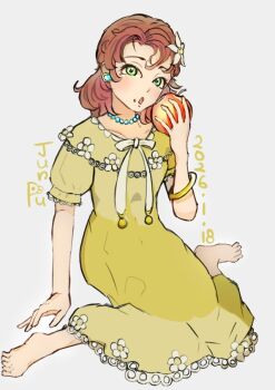 Rule 34 | 1girl, apple, barefoot, bead necklace, beads, bracelet, brown hair, commentary request, curly hair, dragon quest, dragon quest vii, dress, earrings, flower, food, fruit, green eyes, hair flower, hair ornament, holding, holding food, holding fruit, jewelry, junpu manpan, long hair, looking at viewer, maribel (dq7), necklace, open mouth, simple background, solo, white background, yellow dress