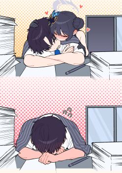 1boy 1girl absurdres bare_shoulders black_dress black_gloves black_hair blue_archive blue_archive_the_animation blue_necktie blush braid braided_bun butterfly_hair_ornament china_dress chinese_clothes collared_shirt commentary_request couple dress feigning_sleep flustered flying_sweatdrops full-body_blush full-face_blush gloves grey_eyes grey_halo grey_jacket hair_bun hair_ornament halo heart hetero highres jacket je_o_mo kisaki_(blue_archive) kiss kissing_cheek long_hair necktie paper_stack parted_bangs pinstripe_jacket pinstripe_pattern polka_dot polka_dot_background print_dress sensei_(blue_archive) sensei_(blue_archive_the_animation) shirt short_hair sleeping striped_clothes striped_jacket vertical-striped_clothes vertical-striped_jacket white_shirt
