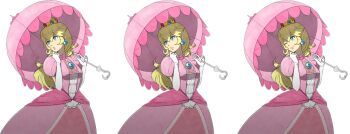 1girl blonde_hair blue_eyes breasts brooch clenched_hand closed_mouth crown dress earrings elbow_gloves eyelashes fire_emblem fire_emblem_fates frilled_dress frills gloves hands_up holding holding_umbrella jewelry lips lithety long_hair looking_to_the_side mario_(series) medium_breasts multiple_views nintendo nostrils official_style one_eye_closed over_shoulder parasol parted_lips pink_dress pink_lips pink_umbrella princess_peach puffy_short_sleeves puffy_sleeves shade short_sleeves smile super_mario_bros._1 transparent_background umbrella white_gloves