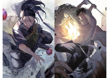 2boys arms_up battle belt black_eyes black_hair black_kimono black_pants border bruise bruise_on_face ear_piercing fighting_stance floating_hair full_body getou_suguru hair_between_eyes hair_bun hair_pulled_back hair_strand hatutaro high_collar holding holding_staff holding_sword holding_weapon injury jacket japanese_clothes jujutsu_kaisen jumping katana kimono long_hair long_sleeves monster multiple_boys okkotsu_yuuta one-eyed open_mouth orimoto_rika pants piercing pillarboxed sandals school_uniform single_hair_bun smile split_screen staff sword tabi teeth three_section_staff weapon white_belt white_border white_jacket wide_sleeves