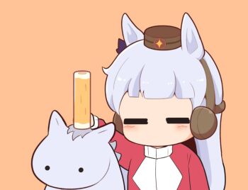 1girl animal_ears blunt_bangs blush brown_hat chibi chibi_only chikuwa closed_eyes commentary_request food gold_ship_(racehorse) gold_ship_(umamusume) gomashio_(goma_feet) grey_hair hat horse horse_ears horse_girl jacket long_hair long_sleeves no_mouth orange_background red_jacket tracen_training_uniform track_jacket umamusume upper_body