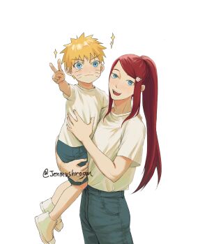 1boy 1girl :3 absurdres blonde_hair blue_eyes blue_shorts child closed_mouth facial_mark hair_ornament hairclip highres jenmushroom long_hair mother_and_son naruto_(series) open_mouth ponytail red_hair shirt shoes short_hair short_sleeves shorts smile spiked_hair swept_bangs t-shirt twitter_username uzumaki_kushina uzumaki_naruto v whisker_markings white_background white_shirt white_shoes