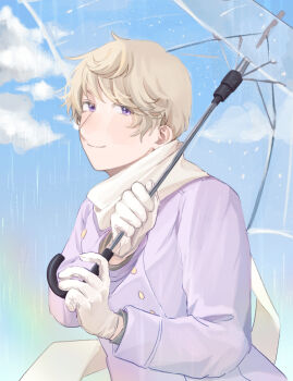Rule 34 | 1boy, axis powers hetalia, blonde hair, blue sky, blush, buttons, closed mouth, cloud, cloudy sky, coat, commentary request, day, gloves, hands up, harutoro 39487, highres, holding, holding umbrella, long sleeves, looking at viewer, male focus, official alternate costume, outdoors, purple coat, purple eyes, rain, russia (hetalia), scarf, short hair, sky, smile, solo, transparent, transparent umbrella, umbrella, upper body, white gloves, white scarf
