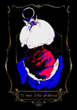 absurdres animal_ears belt_buckle belt_collar blue_theme broken buckle cape closed_eyes collar commentary_request covered_mouth crown dripping english_text high_contrast highres hood hoop in_palm kananishi kirby_(series) limited_palette magolor multiple_monochrome nintendo no_humans ornament picture_frame red_theme scarf solo