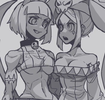 2girls absurdres bob_cut bone_nigi breast_press breasts cat_girl cerebella_(skullgirls) collar crop_top docking greyscale grin hat highres monochrome ms._fortune_(skullgirls) multiple_girls open_mouth short_hair skullgirls smile upper_body vice-versa_(skullgirls)