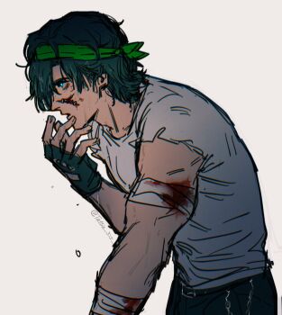Rule 34 | 1boy, aqua eyes, arm up, bandaged arm, bandages, belt, belt buckle, biker (hotline miami), black belt, black gloves, black pants, blood, buckle, commentary, cowboy shot, crew neck, english commentary, fingerless gloves, from side, gloves, green hair, green headband, grey shirt, headband, highres, hotline miami, injury, male focus, medium hair, open mouth, pants, parted bangs, shirt, short sleeves, simple background, solo, staple, tatsu (tatsumccree), twitter username, white background