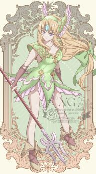 Rule 34 | armor, b absolute zero, blonde hair, blue eyes, breasts, cleavage, commentary request, dress, forehead jewel, green dress, green helmet, helmet, highres, holding, holding weapon, legs, long hair, polearm, riesz, seiken densetsu, seiken densetsu 3, shoulder armor, simple background, spear, valkyrie, weapon, winged hair ornament, winged headwear