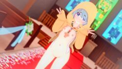1girl 3d animated blue_eyes blue_hair church cross double_v highres indoors jewelry jubilee_2025 koikatsu_(medium) loli looking_at_viewer luce_(jubilee_2025) necklace nipples no_panties pussy solo standing symbol-shaped_pupils tagme v video wataamage