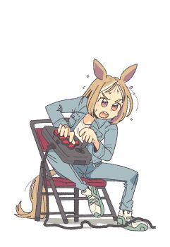 1girl alpha_transparency animal_ears arcade_stick brown_eyes brown_hair chair commentary controller denim denim_jacket english_commentary farfinfarfin flying_sweatdrops folding_chair full_body game_controller green_shoes highres horse_ears horse_girl horse_tail jacket jeans joystick multicolored_hair no_sclera pants playing_games shoes sneakers solo streaked_hair sweat tail transparent_background twintails umamusume white_hair