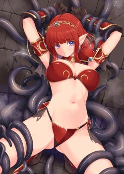 1girl armor bikini bikini_armor breasts cleavage cowboy_shot elf kirishima_satoshi large_breasts medium_hair navel original pointy_ears purple_eyes red_armor red_bikini red_hair restrained solo spread_legs swimsuit tentacles warrior