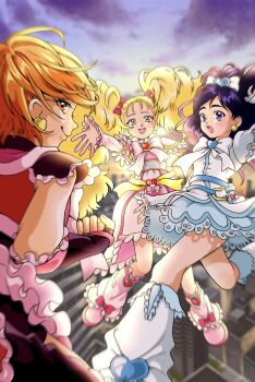 3girls aokimurako bag_bow belt belt_bag big_hair black_arm_warmers black_dress black_gloves black_leg_warmers blonde_hair blue_bag blue_belt blue_sky bow bow_legwear bowtie brooch brown_eyes brown_hair city clenched_hand closed_mouth cloud cure_black cure_white dress earrings eyelashes falling feather-trimmed_dress feather-trimmed_sleeves fingerless_gloves fingernails floating_clothes floating_hair forehead frilled_arm_warmers frilled_dress frilled_leg_warmers frilled_sleeves frills full_body futari_wa_precure futari_wa_precure_max_heart gloves gold_buckle gold_earrings gradient_sky hair_bow hair_ornament happy heart heart_earrings heart_hair_ornament heart_o-ring high_ponytail highres jewelry kujou_hikari lace lace-trimmed_dress lace_trim leg_warmers long_hair looking_at_viewer looking_back magical_girl medium_dress misumi_nagisa multiple_girls o-ring o-ring_belt outdoors outstretched_arm pink_arm_warmers pink_bow pink_bowtie pink_dress pink_leg_warmers pink_shoes pointy_nose ponytail precure purple_eyes purple_hair red_vest shiny_luminous shoes short_dress short_hair short_ponytail short_sleeves sky smile sun sunset swept_bangs tareme turtleneck turtleneck_dress twintails two-tone_bag vest white_bag white_bow white_bowtie white_dress white_leg_warmers yellow_eyes yukishiro_honoka