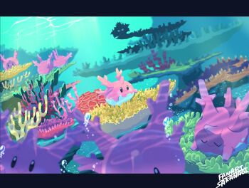 absurdres air_bubble animal_focus artist_name bubble closed_eyes closed_mouth commentary_request coral coral_reef corsola gen_2_pokemon gen_7_pokemon highres mareanie nintendo no_humans pokemon pokemon_(creature) pokemon_focus sakanagi_(a_r_co) smile underwater