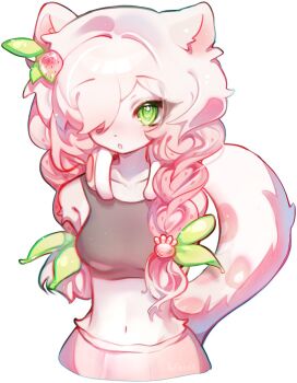 1girl :o animal_ears arms_behind_back body_fur braid breasts cloud_(lufaeris) commentary cropped_legs english_commentary furry furry_female green_eyes grey_sports_bra hair_ornament hair_over_one_eye highres long_hair looking_at_viewer navel one_eye_covered open_mouth original parted_bangs pink_hair simple_background small_breasts solo sports_bra tail white_background