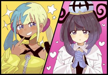 2girls :o aqua_hair bandeau black_dress black_hair blonde_hair blush bob_cut canari_(pokemon) coat dark-skinned_female dark_skin dress eyelashes gloves gwynn_(pokemon) han0579 hat heart highres interlocked_fingers jacket long_sleeves mask_pull mega_stone multicolored_hair multiple_girls nintendo open_clothes open_coat open_jacket open_mouth own_hands_together partially_fingerless_gloves pink_background pokemon pokemon_legends:_z-a purple_eyes purple_hair short_hair split-color_hair teeth two-tone_background upper_body white_coat yellow_background yellow_bandeau yellow_jacket yuri