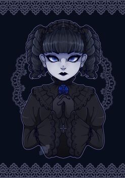 1boy absurdres artist_name black_background black_eyeliner black_gloves black_hair black_hairband black_shirt blue_eyes blunt_bangs border crossdressing crossdressing_(mtf) drill_hair earrings expressionless eyeliner faburin frilled_shirt_collar frills gloves goth_fashion gothic_lolita hairband highres jewelry lolita_fashion long_sleeves looking_at_viewer makeup male_focus malice_mizer mana_(malice_mizer) ornate_border own_hands_clasped own_hands_together quad_drills shirt short_hair simple_background solo trap visual_kei watermark