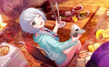 1girl ahoge blurry braid chair chopsticks depth_of_field eating food game_cg hair_over_shoulder highres holding holding_chopsticks indoors long_hair looking_at_viewer meat one_eye_closed onigiri open_mouth pizza senju_iroha single_braid sitting smile solo sushi table third-party_source world_dai_star yellow_eyes