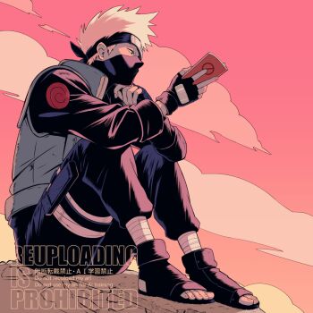1boy black_eyes black_gloves black_pants black_shirt book fingerless_gloves flak_jacket forehead_protector full_body gloves hatake_kakashi highres holding holding_book icha_icha_(naruto) jacket male_focus mask mouth_mask naruto_(classic) naruto_(series) open-toe_shoes open_book pants sameccor shirt sitting solo white_hair