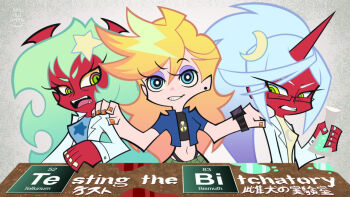 3girls ambiguous_green_liquid beaker black_panties blonde_hair blue_eyes blue_hair blue_jacket blue_nails breaking_bad colored_skin commentary crescent crescent_hair_ornament crossover demon_girl demon_horns demon_wings earrings english_commentary eyeshadow glasses green_goo green_hair hair_ornament holding_beaker horns jacket jewelry johnny_test johnny_test_(character) kneesocks_(psg) lab_coat makeup mary_test multicolored_eyes multicolored_hair multiple_crossover multiple_girls nail_polish orange_nails panties panty_&amp;_stocking_with_garterbelt panty_(psg) panty_straps purple_eyeshadow radiation_symbol red_horns red_skin scanty_(psg) star_(symbol) star_hair_ornament susan_test tehnutball underwear watch wings wristwatch yellow_nails