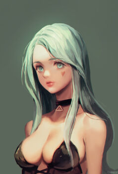 1girl artist_name bare_shoulders black_neckwear breasts caesty choker cleavage collarbone dress eyelashes facial_mark female_focus green_background green_eyes green_hair heart heart_facial_mark large_breasts lips lipstick long_hair looking_at_viewer makeup nose original parted_bangs parted_lips pink_lips simple_background solo strapless strapless_dress upper_body