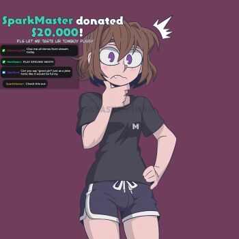 Rule 34 | 1futa, artist name, black shirt, black shorts, blush, breasts, brown hair, bulge, closed mouth, english text, fang, fang out, futanari, hand on own hip, highres, looking at viewer, original, purple eyes, red background, sayasushiswag, shirt, short hair, short sleeves, shorts, simple background, small breasts, solo, t-shirt, thinking, watermark