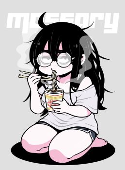 1girl ahoge bags_under_eyes black_hair chopsticks dolphin_shorts eating food full_body glasses grey_background highres holding holding_chopsticks instant_cup_noodles jimiko long_hair looking_at_viewer messy_hair noodles opaque_glasses original partially_opaque_glasses round_eyewear sanpaku seiza shorts simple_background sitting thick_eyebrows thighs toman_rock