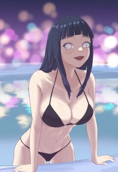 absurdres arm_support bikini black_bikini black_hair blunt_bangs blush breasts cleavage halterneck highres hyuuga_hinata large_breasts looking_at_viewer mami-mami naruto_(series) naruto_shippuuden neon_lights no_pupils open_mouth partially_submerged pink_eyes poolside sidelocks swimsuit water