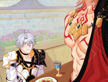 2boys antenna_hair armor black_choker black_coat black_shirt blonde_hair blue_eyes blush braid chest_tattoo choker coat commentary donlemefo earrings gold_earrings gold_necklace gradient_hair highres honkai:_star_rail honkai_(series) jewelry male_focus medium_hair multicolored_hair multiple_boys mydei_(honkai:_star_rail) necklace open_clothes open_coat parted_bangs pauldrons phainon_(honkai:_star_rail) red_hair red_tattoo shirt short_hair shoulder_armor side_braid single_pauldron symbol-only_commentary tattoo white_coat white_hair yaoi