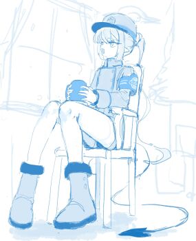 1girl armband black_tail blue_archive blue_armband blue_theme boots chair cup dan_nako demon_tail fang halo hat highres holding holding_cup long_hair long_sleeves monochrome nozomi_(blue_archive) on_chair peaked_cap pointy_ears sitting sketch skin_fang solo tail train_conductor unfinished window