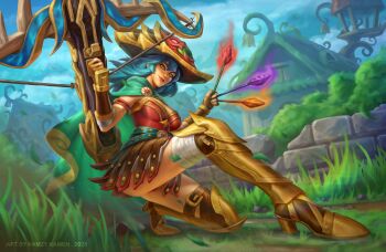 1girl absurdres armor armored_boots bandaged_arm bandaged_leg bandages belt blade_of_grass blue_hair boots bow_(weapon) breasts brick_wall brown_skirt cape chain commentary commission crack cracked_wall crossbow crossbow_bolt dang_(runescape) duellist&#039;s_cap_(tier_6) english_commentary fingerless_gloves flower full_body gem gladiator gloves glowing_hat gold_chain gold_trim grass greaves green_belt green_cape hat highres holding holding_crossbow holding_weapon leotard long_hair making-of_available medium_breasts old_school_runescape orange_eyes orange_gemstone original poleyn purple_gemstone ramzykamen red_gemstone red_leotard runescape second-party_source skirt smile solo sun_symbol thick_eyebrows treehouse weapon yellow_eyes