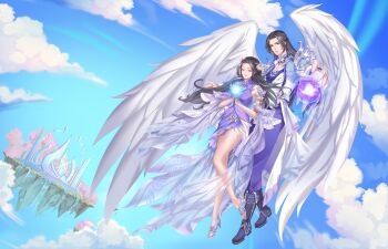 1boy 1girl absurdres angel_wings architecture black_eyes black_footwear black_hair blue_sky china_dress chinese_clothes cloud day dress closed_eyes floating floating_island guozi_li hair_ornament high_heels highres long_hair magic midair original outdoors purple_dress see-through_clothes sky water waterfall white_wings wings