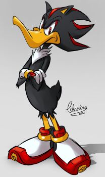1boy 2021 clarissa_arts cosplay crossed_arms daffy_duck furry furry_male fusion gloves grey_background highres looking_to_the_side looney_tunes red_eyes shadow shadow_the_hedgehog signature simple_background solo sonic_(series) white_footwear white_gloves
