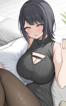 1girl aozora_nan black_hair black_sweater blue_nails blunt_bangs blush bob_cut breasts brown_pantyhose cleavage cleavage_cutout clothing_cutout commentary_request couch hand_up highres holding holding_pillow indoors jewelry knee_up large_breasts light_particles looking_at_viewer mole mole_under_mouth nail_polish on_couch open_mouth original pantyhose pillow pink_hair plant ring short_hair sidelocks sitting sleeveless sleeveless_sweater smile solo sweater thighs wedding_ring