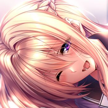 Rule 34 | 1girl, amakano 2, blonde hair, blush, braid, brown sailor collar, commentary request, cropped, long hair, looking at viewer, lying, official art, on side, one eye closed, open mouth, piromizu, purple eyes, purple shirt, sailor collar, school uniform, serafuku, shirt, sidelocks, smile, solo, tsutamachi chitose