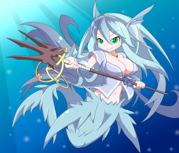 1girl amauchi animal_ears blue_hair blue_shirt breasts cleavage commentary_request fins fish_tail green_eyes head_fins highres holding holding_polearm holding_weapon jessie_(mon-musu_quest!) jewelry light_rays long_hair mermaid mon-musu_quest! monster_girl navel necklace polearm shirt short_sleeves smile solo tail trident underwater weapon