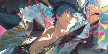 1boy adjusting_clothes adjusting_headwear arms_up bird blue_hair brant_(wuthering_waves) capelet collarbone commentary earrings english_commentary hair_between_eyes hat highres jewelry long_sleeves male_focus mystical_high_collar one_eye_closed pectoral_cleavage pectorals piercing smile snvvvo solo string_of_flags stud_earrings tacet_mark_(wuthering_waves) teeth two-sided_capelet upper_body upper_teeth_only white_bird wuthering_waves yellow_eyes