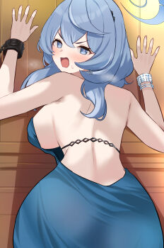 1girl ako_(blue_archive) ako_(dress)_(blue_archive) bad_id bad_pixiv_id blue_archive blue_eyes blue_hair blue_halo breasts commentary_request halo highres large_breasts medium_hair mi_taro333 official_alternate_costume open_mouth sideboob solo