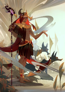 1boy absurdres ancient_egyptian ancient_egyptian_clothes animal bandal cookie_run cookie_run:_kingdom dark-skinned_male dark_skin highres holding holding_staff jackal skirt smoked_cheese_cookie solo staff yellow_eyes