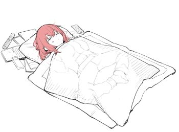1girl closed_eyes commentary_request highres lying m_legs michinoku_komaro muchi_maro on_back pillow pink_hair second-party_source seitokai_ni_mo_ana_wa_aru! simple_background sleeping solo spread_legs under_covers white_background