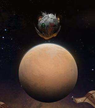 absurdres alien armor artificial_eye attack_moon_(wh40k) commentary english_commentary fangs fire glowing glowing_eye green_eyes highres mechanical_eye megastructure moon no_humans one-eyed orc ork_(warhammer) planet scenery science_fiction skull sky space spacecraft star_(sky) starry_sky t&#039;au thefearmaster tusks warhammer_40k