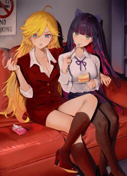 2girls absurdres ahoge black_pantyhose blonde_hair blue_eyes blunt_bangs bow breasts cake cake_slice cigarette cigarette_pack cleavage collared_shirt colored_inner_hair commentary couch crossed_legs eating elfe_art english_commentary food fork formal_clothes green_eyes hair_between_eyes hair_bow high_heels highres holding holding_cigarette holding_fork holding_plate indoors kneehighs large_breasts long_hair long_sleeves looking_at_viewer medium_breasts mouth_hold multicolored_hair multiple_girls nail_polish neck_ribbon on_couch open_mouth panty_&amp;_stocking_with_garterbelt panty_(psg) pantyhose pencil_skirt pink_hair plate purple_hair red_nails red_skirt ribbon shirt siblings sisters sitting skirt smoke smoking socks stocking_(psg) suit two-tone_hair utensil_in_mouth very_long_hair white_shirt