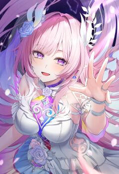 1girl absurdres armlet bare_shoulders breasts commentary cyrene_(honkai:_star_rail) cyrene_(ripples_of_past_reverie)_(honkai:_star_rail) diamond-shaped_pupils diamond_(shape) dress earrings english_commentary flower hair_flower hair_intakes hair_ornament hand_up highres honkai:_star_rail honkai_(series) jewelry large_breasts long_hair looking_at_viewer open_mouth pink_hair pink_petals pointy_ears purple_eyes purple_flower purple_rose rose sakuno_(sksk_sakuno) sidelocks smile solo symbol-shaped_pupils very_long_hair white_dress