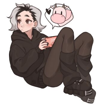 Rule 34 | 1girl, :/, black hair, black hood, black hoodie, black leggings, black nails, black shoes, black sweater, brown eyes, commentary, english commentary, freckles, gluca, grey hair, highres, hood, hooded sweater, hoodie, leggings, loose socks, medium hair, mole, mole under mouth, multicolored hair, nintendo switch, real life, roots (hair), self-portrait, shoes, socks, solo, sweater, thick eyebrows, two-tone hair